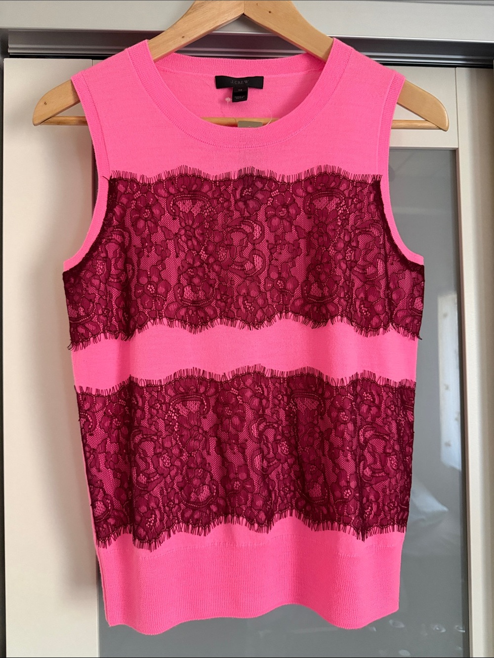 J. Crew Hot Pink Tank with Burgundy Lace Bands